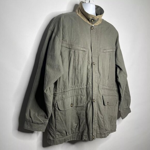 Vintage 90s JL Colebrook Olive Green Khaki Linen Field Jacket Chore Coat - Picture 3 of 9